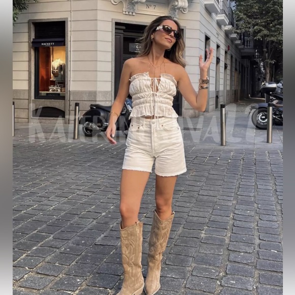 Zara 100% LINEN TIED RUFFLED TOP - Picture 14 of 16